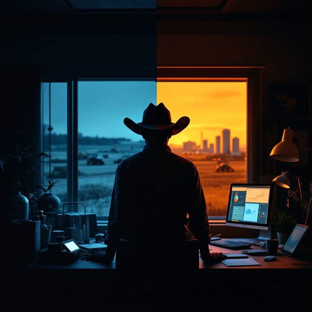 Img01-EscuroToClaro Homem em chapéu cowboy, cidade ao fundo